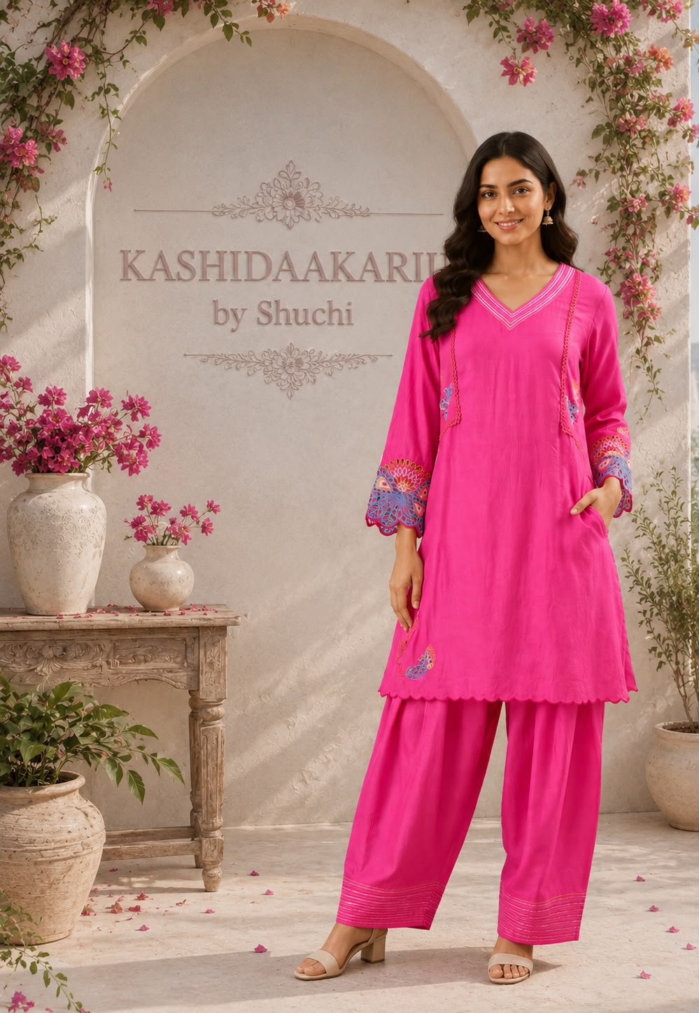 Fuchsia Grace Embroidered Kurta & Palazzo Set